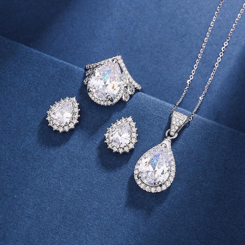 Elegant CZ Gemstone Pendant Necklace Set With Earrings Ring Women Blue Red Yellow Green Purple White Zircon Jewelry