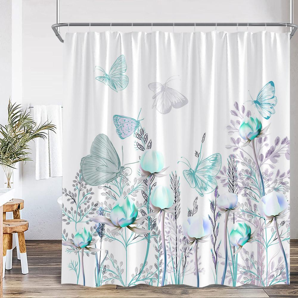 Butterfly Shower Curtains Multicolored Flowers Pastoral Floral Bathroom Decorations Rustic Polyester Bath Curtains with Hooks