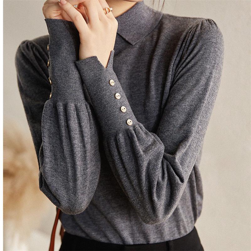 Autumn and winter new lantern sleeves polo neck sweater women's loose and thin knitted bottoming shirt top outer wear