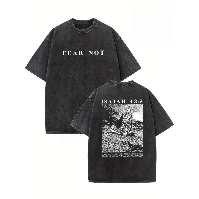 Creative Pattern Washed  Fear Not  Double-Sided Printed Pure Washed Drop Shoulder Men S Vintage Street Basic Loose Hip-Hop Top Washed Vintage S чёрный