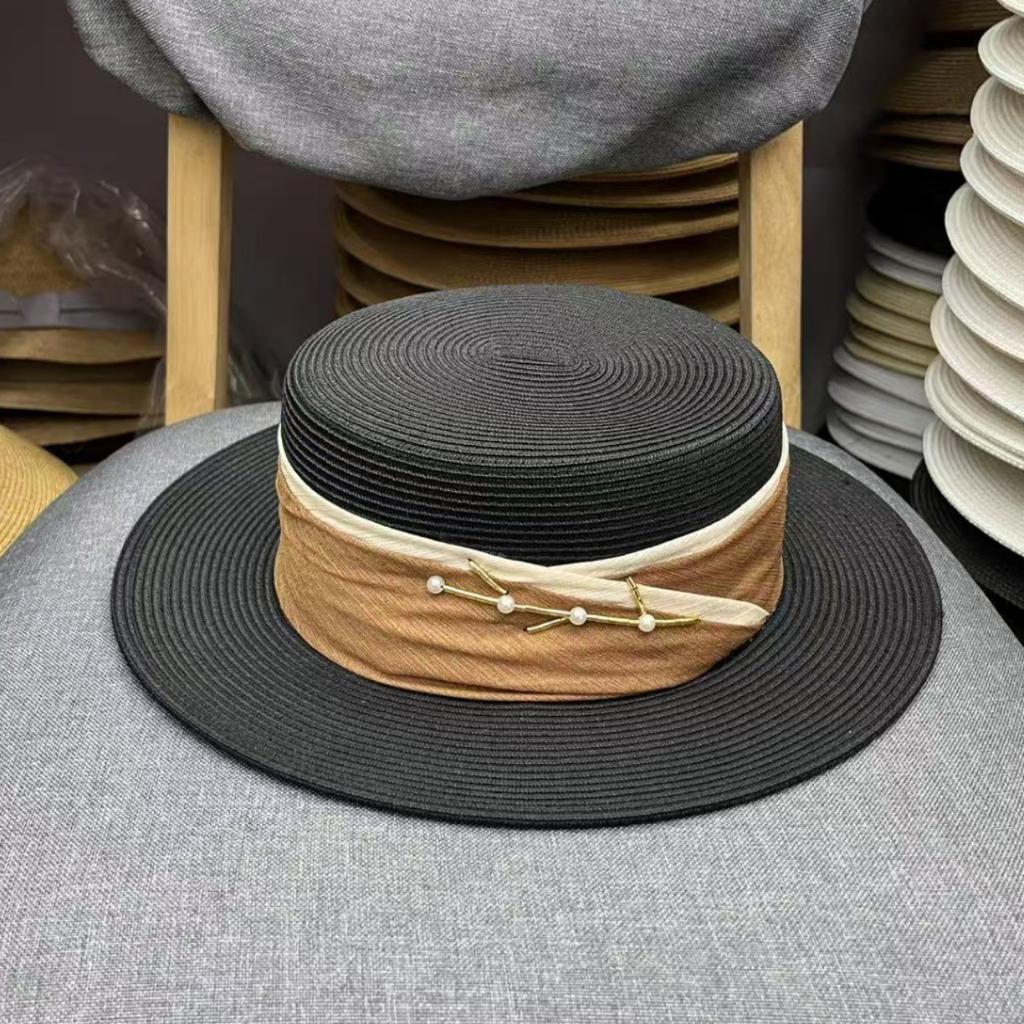 High-end straw hat women's summer sun hat UV protection sunshade sun protection hat women's straw woven flat top hat women