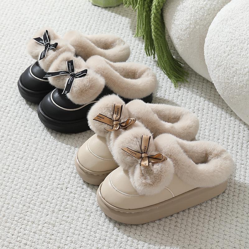 Waterproof Leather Bow Fur Women's Slippers - Thick, Cute, Relaxing Cotton Indoor/Outdoor Shoes