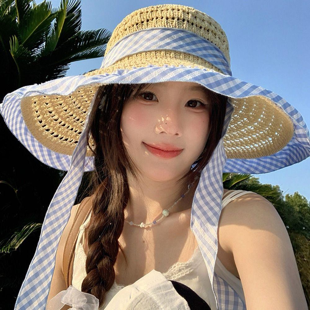 Blue Grid Woven Hat Wide Brim Fisherman Hat Fashion Sun Cap Summer