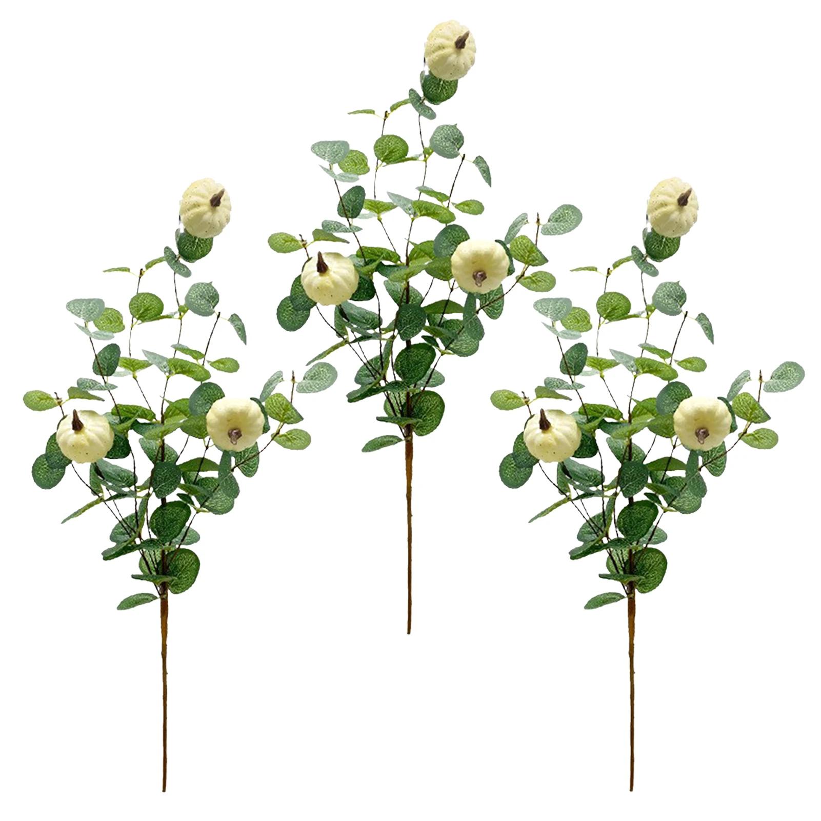 3pcs 5-Fork Green Money Leaf White Pumpkin Branch Simulated Plant Flower Branches Home Flower Arrangement Decoration
