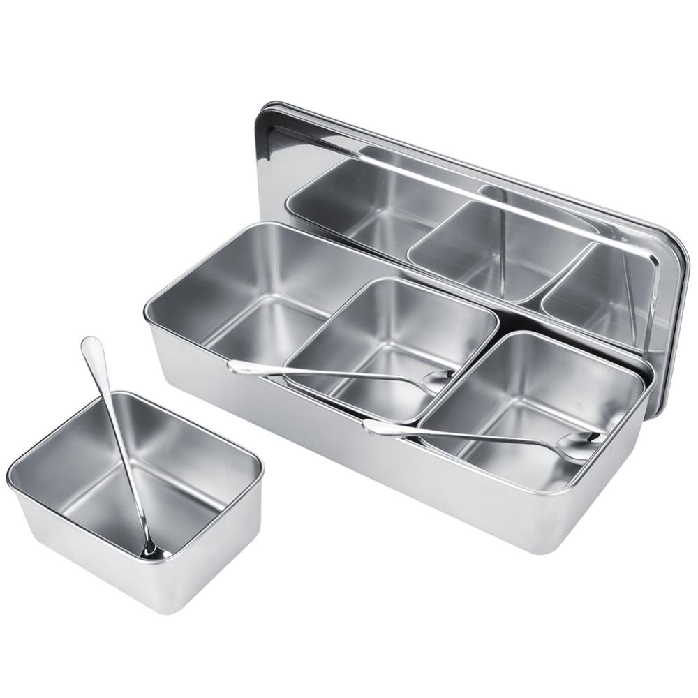 With Lids Stainless Steel Seasoning Box 3 Compartment Condiment Container Box  For Restaurant