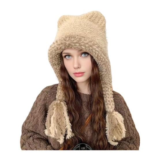 Women Hat Bear Ear Design Thickened Plush Ear Protection Hat Skiing Camping Travel Autumn Winter Headwear