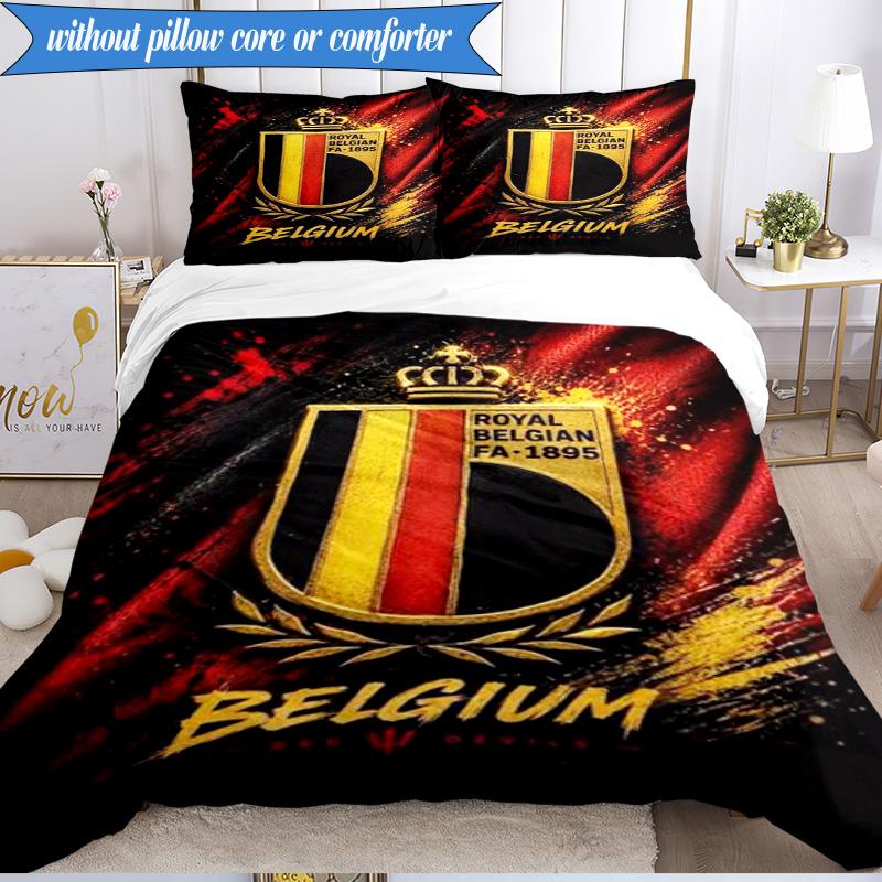 3PCS Belgium Football Crest Emblem Bedding Set 2D Printing (Includes 1 Duvet Cover + 2 Pillowcases Coreless), Bedroom decor,Fan gift