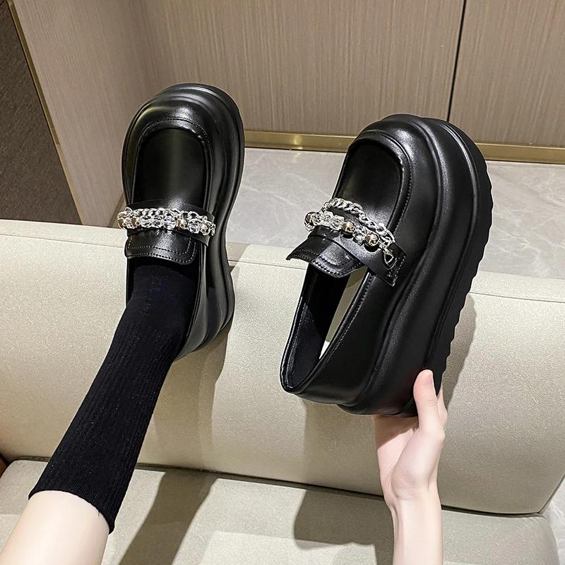 Móda Nové Dámské Kožené Boty Klín Platforma Řetízkové Boty Podzim 7,5CM Vysoké podpatky Neformální boty Nové Nazouvací robustní boty s tlustou podrážkou