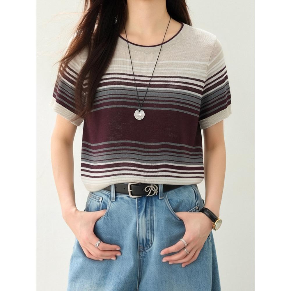 

New Women s Retro Color Block Striped Short Sleeve T-Shirt Summer Fashion Loose Versatile Comfortable Casual Top Daily Commute M
