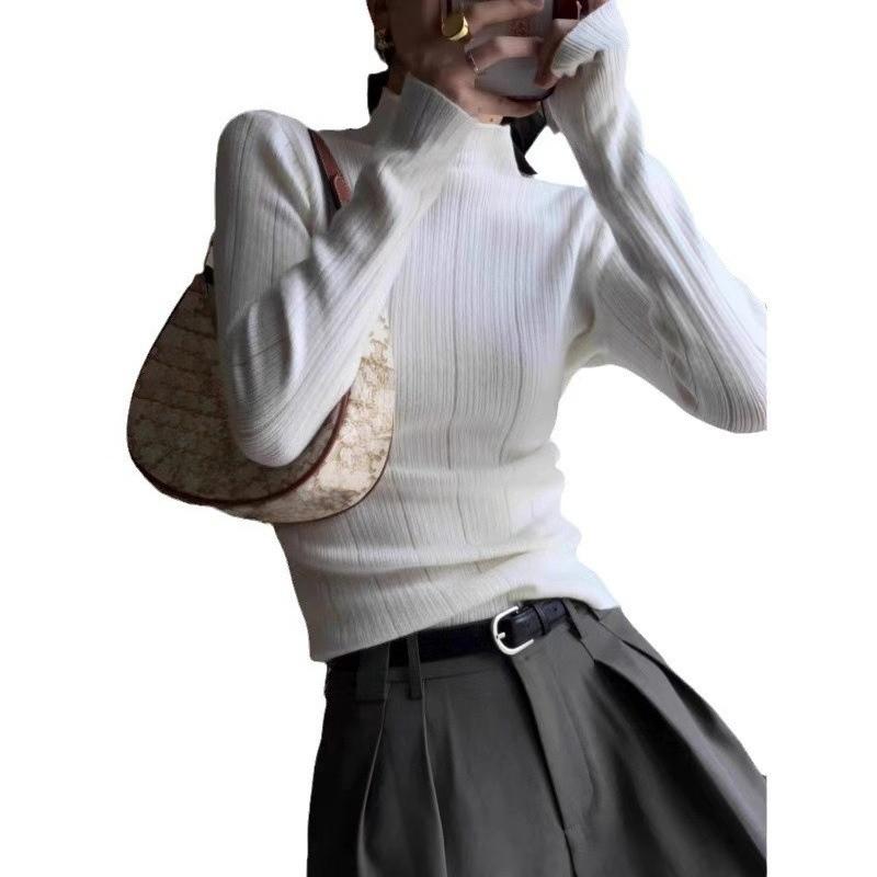 Women's Slim-Fit Ribbed Knit Base Layer Thin Half-High Neck Sweater for Layering