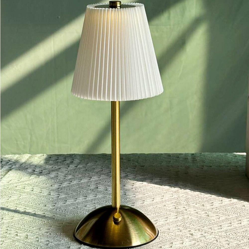 Fabric Shade Pleated Desk Lamp Metal Base LED Night Light Modern Design Touch Bedside Lamp Bar
