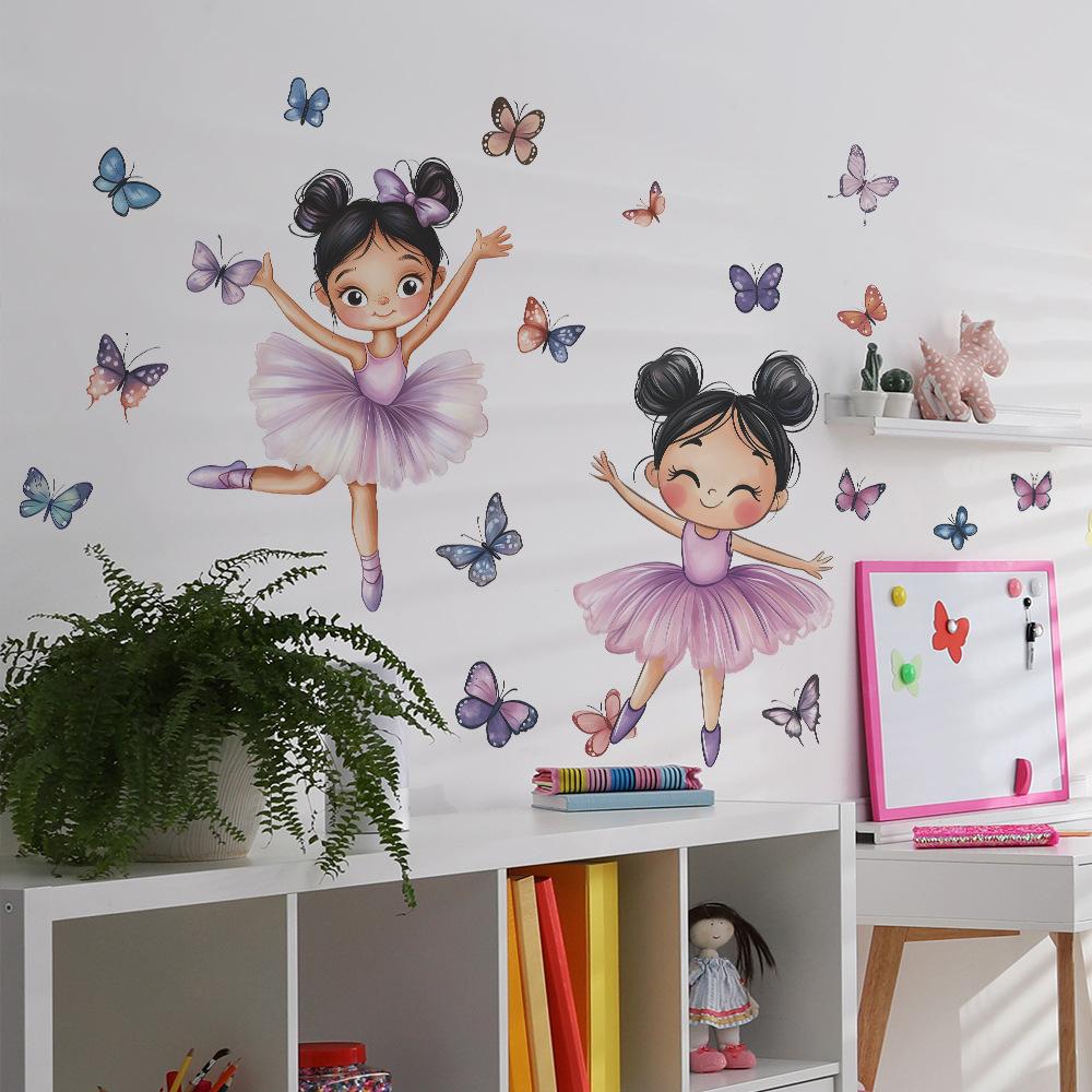 Bambina Cartone Animato Danzante con Farfalla Adesivo da Parete Decorazione Autoadesiva Giocosa Fiabesca per Camera da Letto Bambini Soggiorno