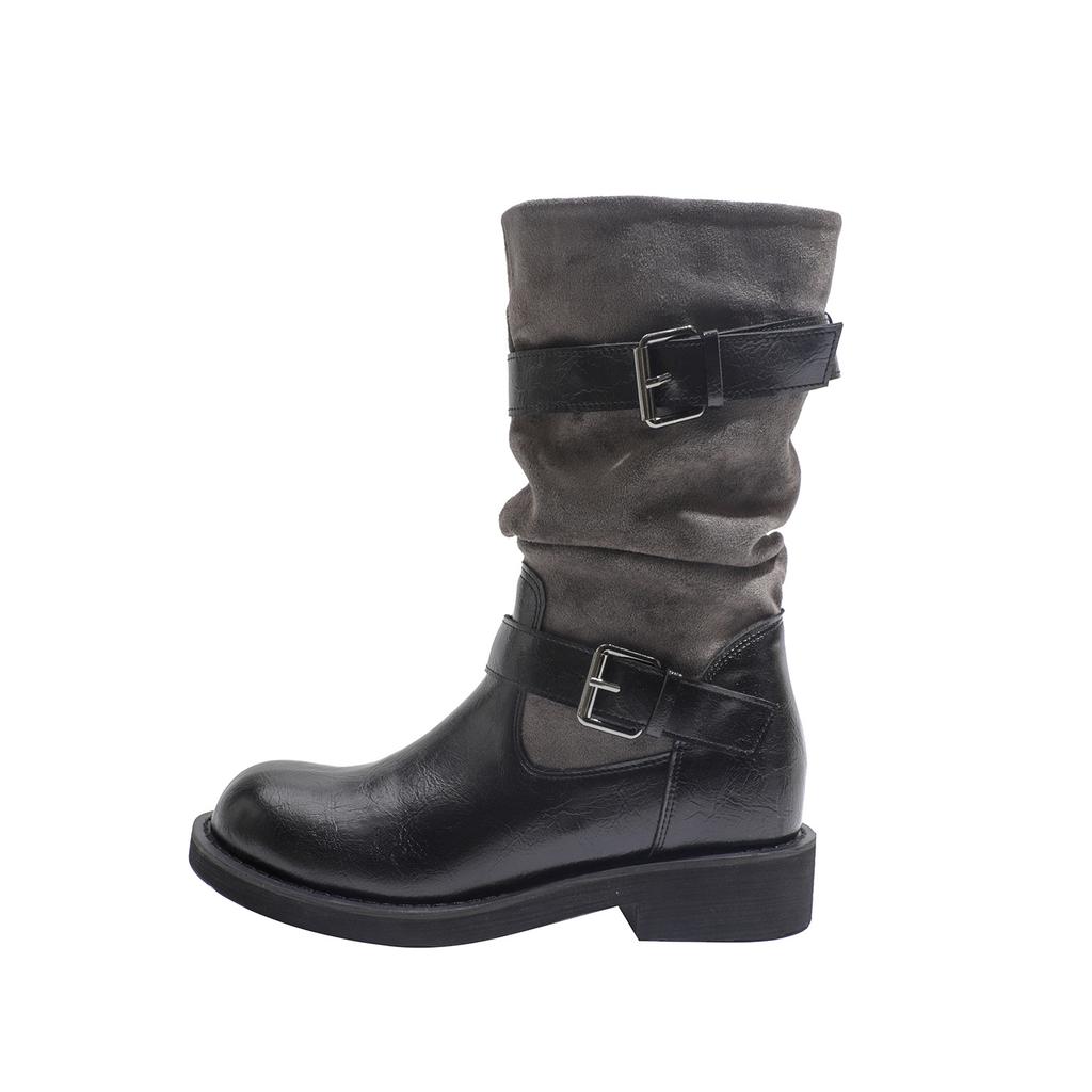 Inner height increase retro color matching belt buckle sleeve stacking boots women's new versatile round head thick heel western cowboy boots