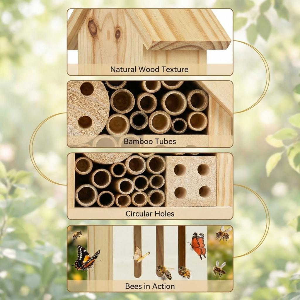 Bee House Hotel & Butterfly House With Stake, Handcrafted Wooden Hotel, Natural Insect Habitat For Garden, Patio, Or Yard, Attracts Pollinators,