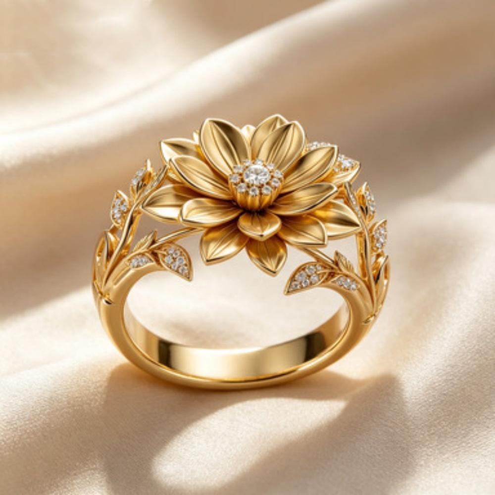 Luxury Plant Female White Zircon Big Stone Engagement Lotus Ring Vintage Gold Color Wedding Fashion Jewelry For Women