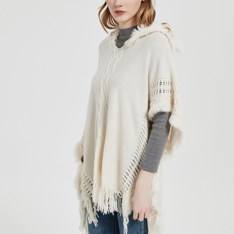 Damen Rippstrick Poncho Pullover Gestrickter Umhang mit Kapuze Lässiger Kapuzenponcho mit Fransen Gestrickter Pullover Pullover für Damen Schal Mantel Wickel Umhang