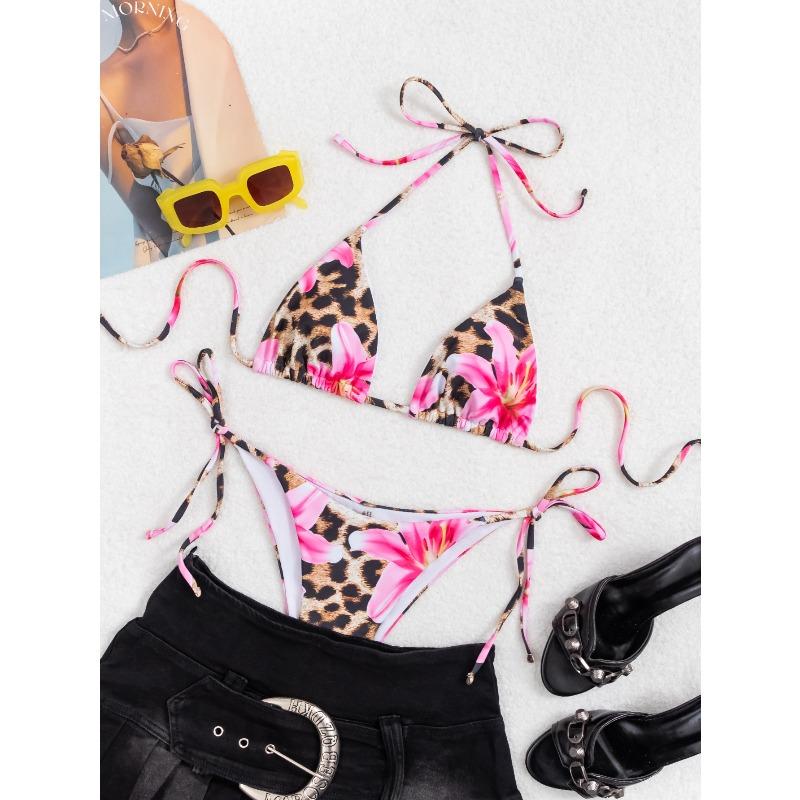 Women's Sexy Slim Fit Bikini Set, Tropical Print Halter Lace-up Triangle Swimsuit