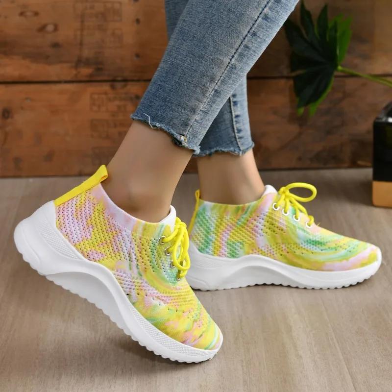 Fashion 2024 New Women's Shoes Lace Up Women's Vulcanize Shoes Hot Sale Color Matching Ladies Casual Shoes Round Head Mesh Sneakers