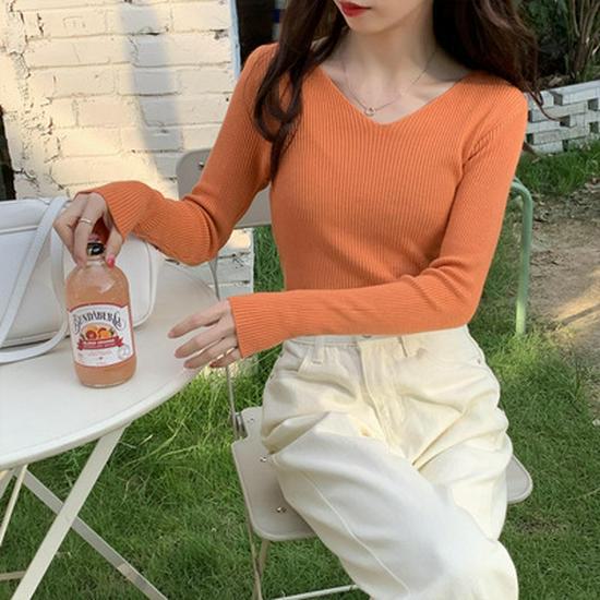 Dámský pletený pulovr s výstřihem do V slim fit: Trendy, s dlouhým rukávem, teplé na podzim a zimu