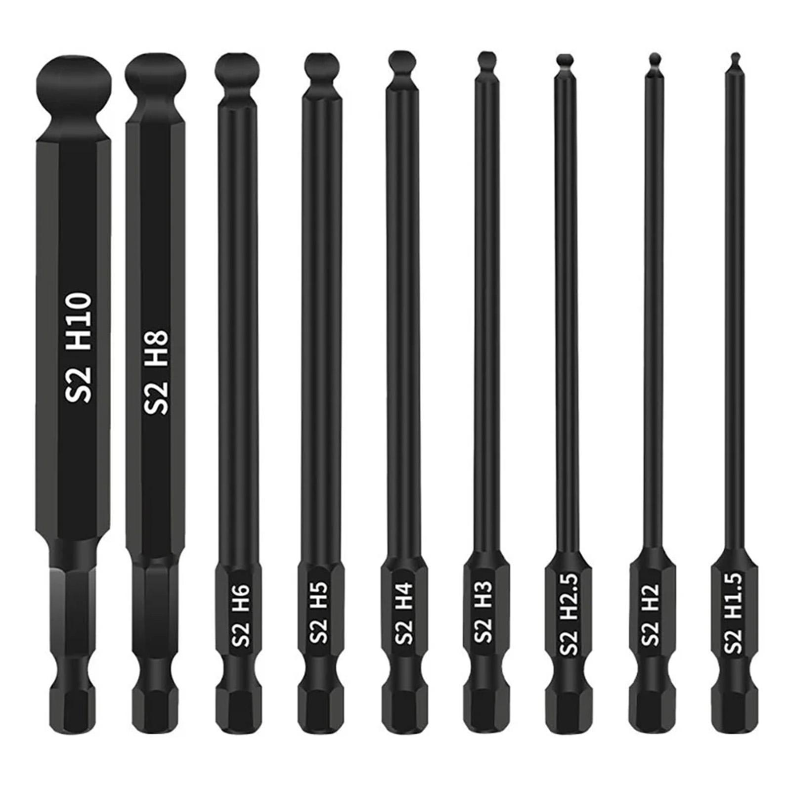 

9Pcs H1.5/2/2.5/3/4/5/6/8/10 S2 Alloy Steel Ball Head Hex Shank Magnetic Screwdriver Bits Set Type A