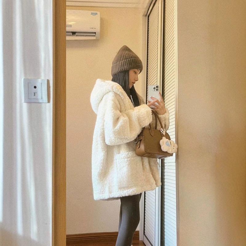 Eco-friendly Fur Coat Women's Winter New Hooded Thickened Fur Integrated Lamb Wool Medium and Long Plush Coat
