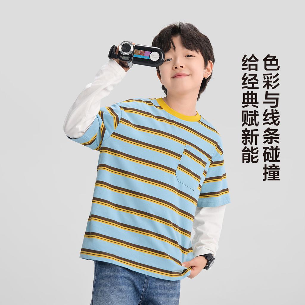 Left West children's clothing boys' long sleeved T-shirt children's fake two-piece striped spring and autumn 2026 new boys' and boys' base shirt