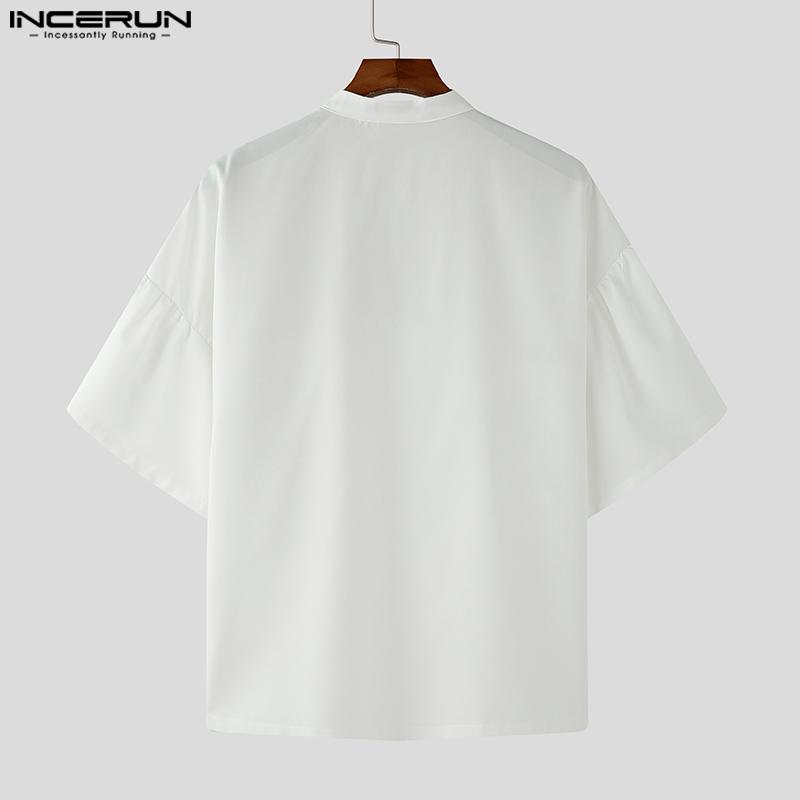 INCERUN Men Summer Stand Neck Short Sleeve Lace Patchwork Casual Party T-shirt Tops