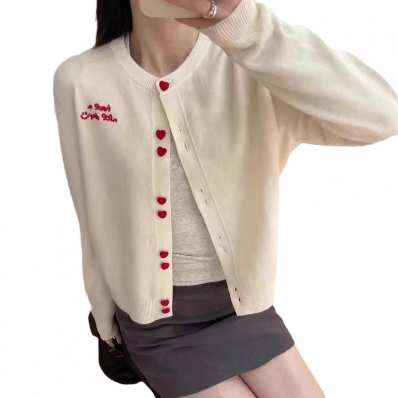 2026 Korean Sweet Knit Cardigan: Heart Button, Round Neck, Embroidered Letters, Women's Autumn/Winter Style