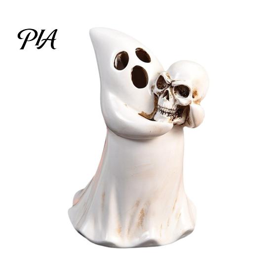 Decorative Light Holder Halloween Ghost Figurine with Skull, Resin Statue for Tabletop Decor, Small Spooky Sculptures Retro Gothic Ornament