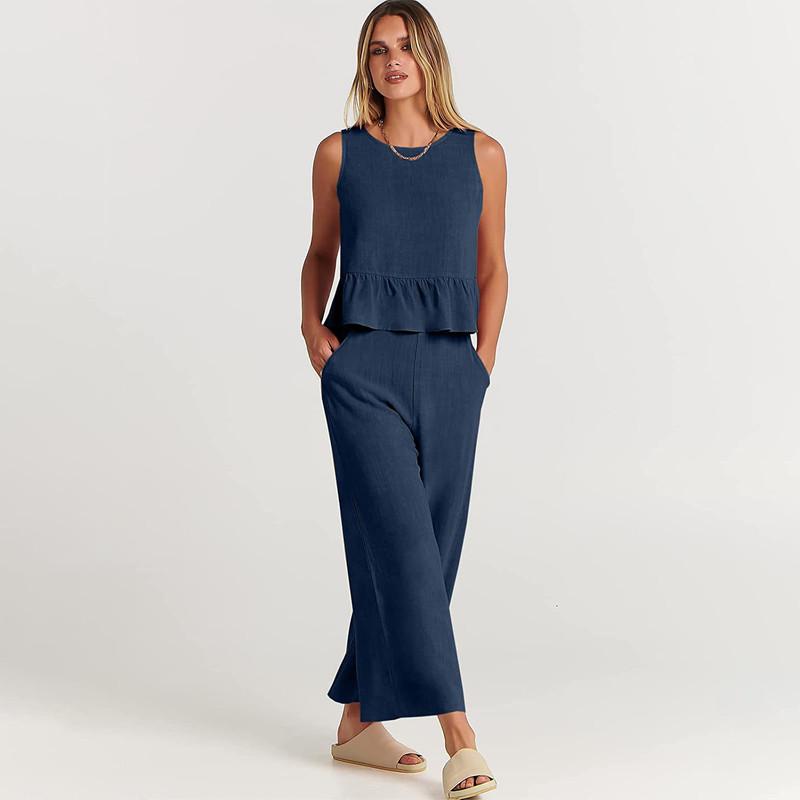 Letní dámská móda bez rukávů plisovaná vesta široké nohavice devítiminutové kalhoty ležérní oblek
