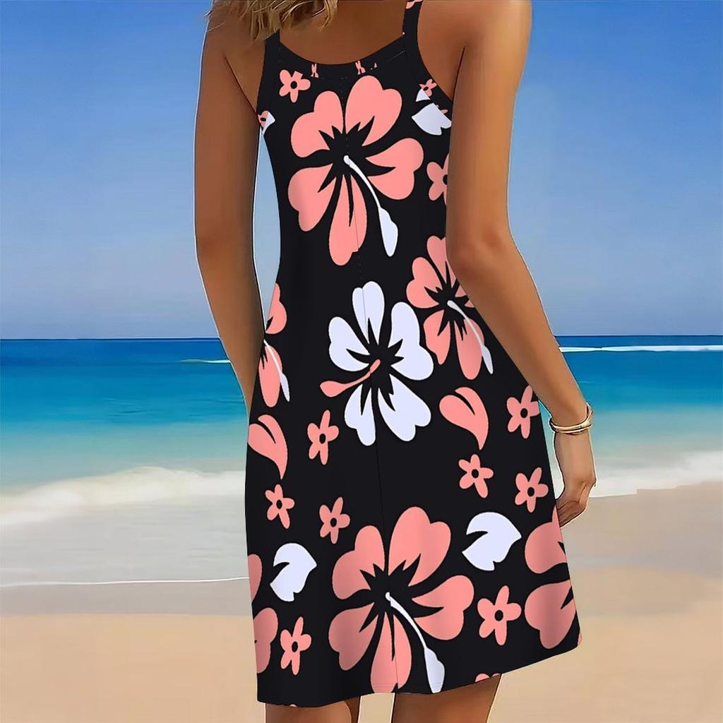 Damen Übergröße Ärmellos Rundhals Strandkleid Lebendiger Tropischer Pflanzenblumen-Print Unregelmäßiger Saum Locker Sommerkleid