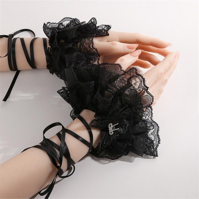 Lolitas Lace Gloves Layer Ruffle Hand Sleeves Elastic Bracelet for Halloween,Wedding,Party,Masquerade,Nightclub