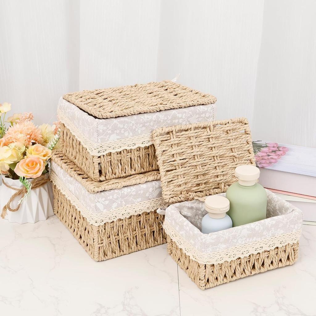 Set of 3 Woven Storage Baskets with Lids Decorative Paper Rope Wicker Baskets Nursery & Bedroom Organiser Boxes with Removable Washable Lining