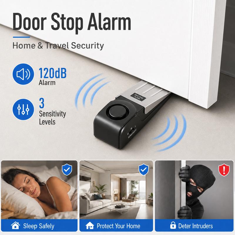 120dB Electronic Door Stop Alarm Portable Door Wedge Security Alarm Adjustable Sensitivity Home Hotel Travel Anti Theft Door Sto