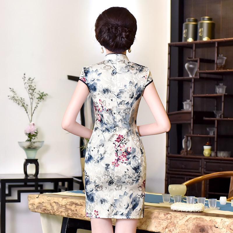 Short Cheongsam Dress Women Vintage Inspired Slim Fit Cotton Brocade Mini Qipao Daily Wear