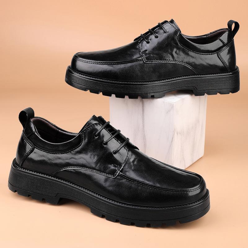 Men's British Style Leather Shoes, 8cm Lift, Thick Sole, Lace-Up, Formal/Casual, Top Layer Cowhide, Soft Sole