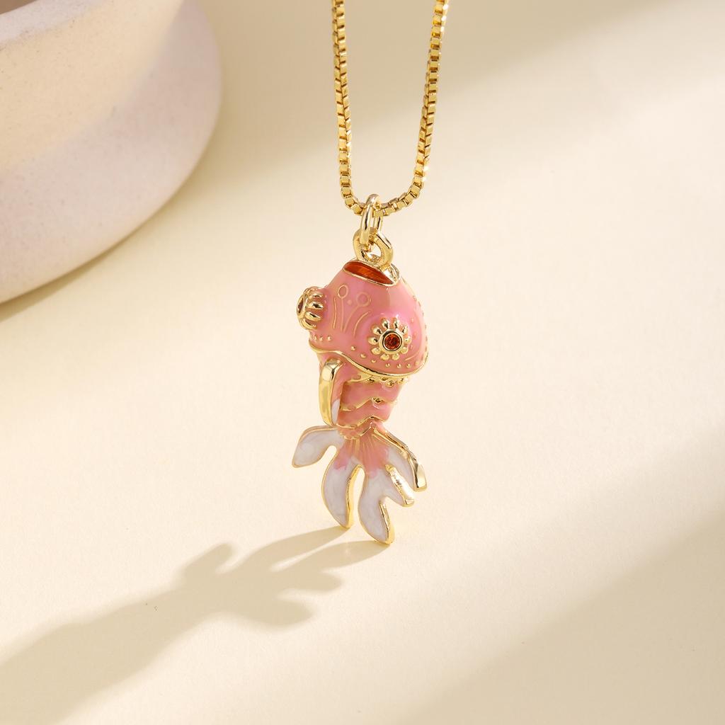 Nidin Cute Enamel Crystal Zircon Koi Fish Pendant Necklace Vintage Goldfish Chain Choker Lucky Animal Jewelry For Women Girls