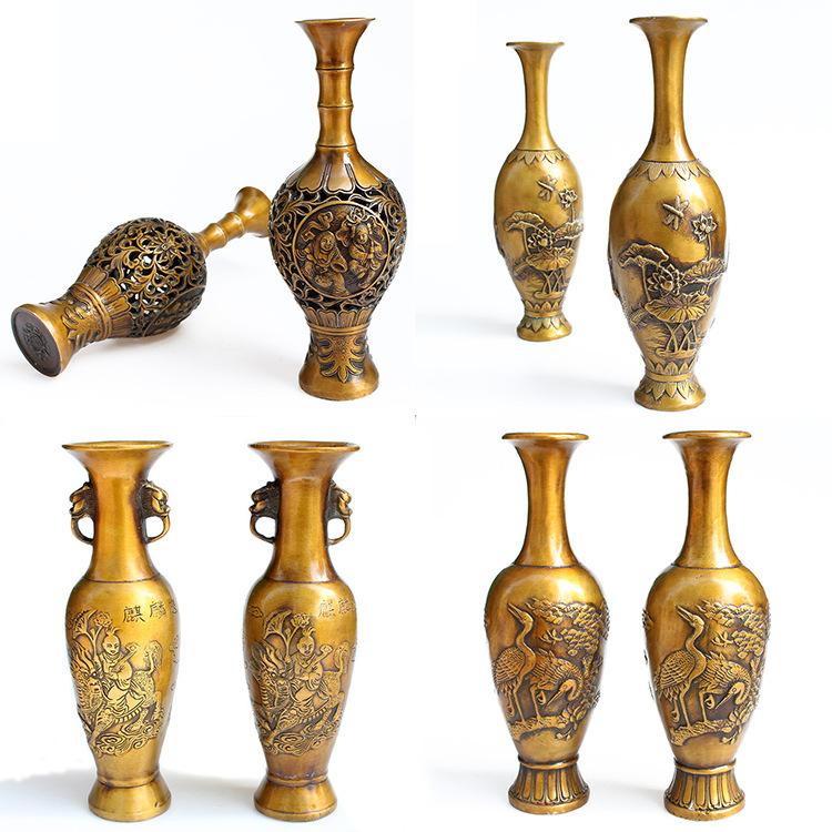 Pair of Brass Prosperous Year Vase Ornaments Qilin Sends Son Songhe Hehe Flower Vase Ornament