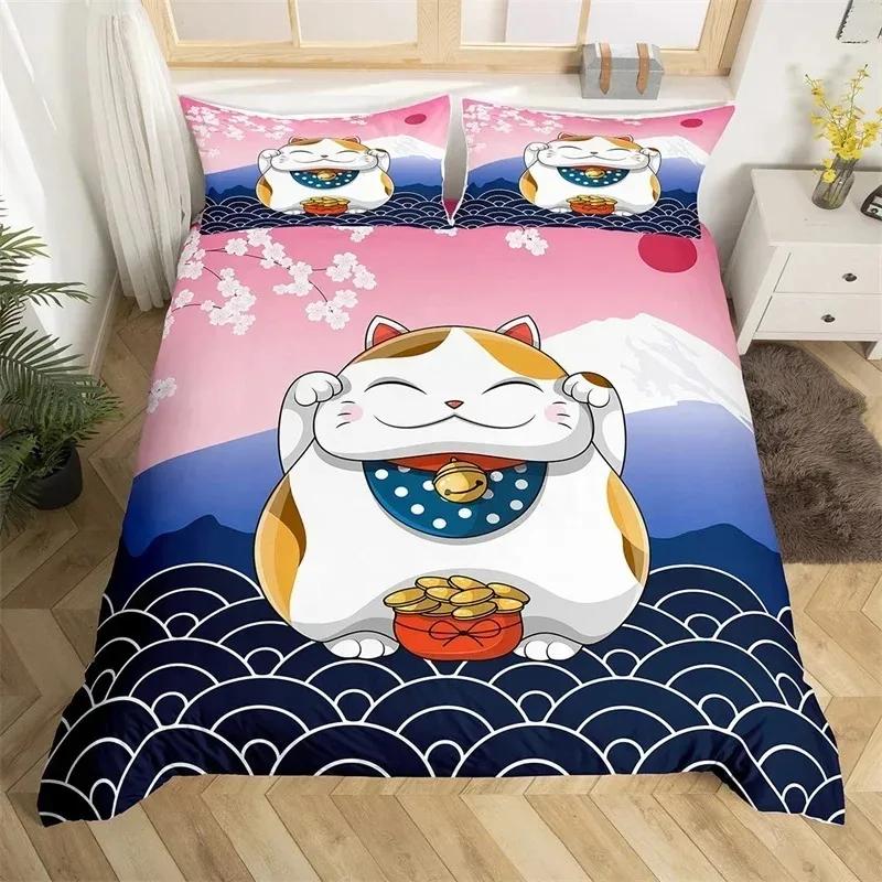 Japanese Ukiyoe Bedding Set White Fox Blossoms Floral Duvet Cover Polyester Galaxy Exotic Animal Comforter Cover Twin Queen Size