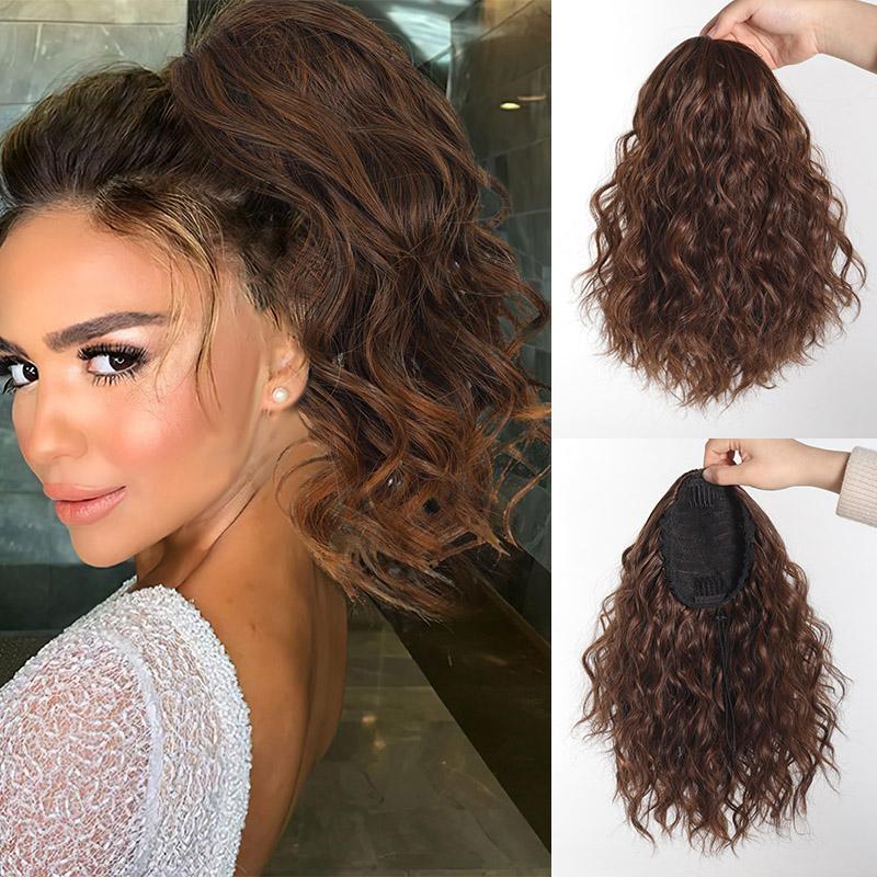 Syntetická stahovací šňůrka načechraný culík prodloužení 14palcový vodní vlnitý falešný culík prodloužení vlasů krátké vlasy pro ženy