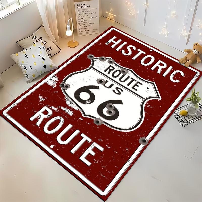 Vintage Route 66 Historic Road Sign Carpet with Red Background Suitable for use as an anti-slip for living room bedroom sofas