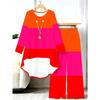 Geometric Pattern Print Two Piece Outfit Women Long Sleeve Irregular Hem Tunic Top Wide Leg Pants Casual Matching Set