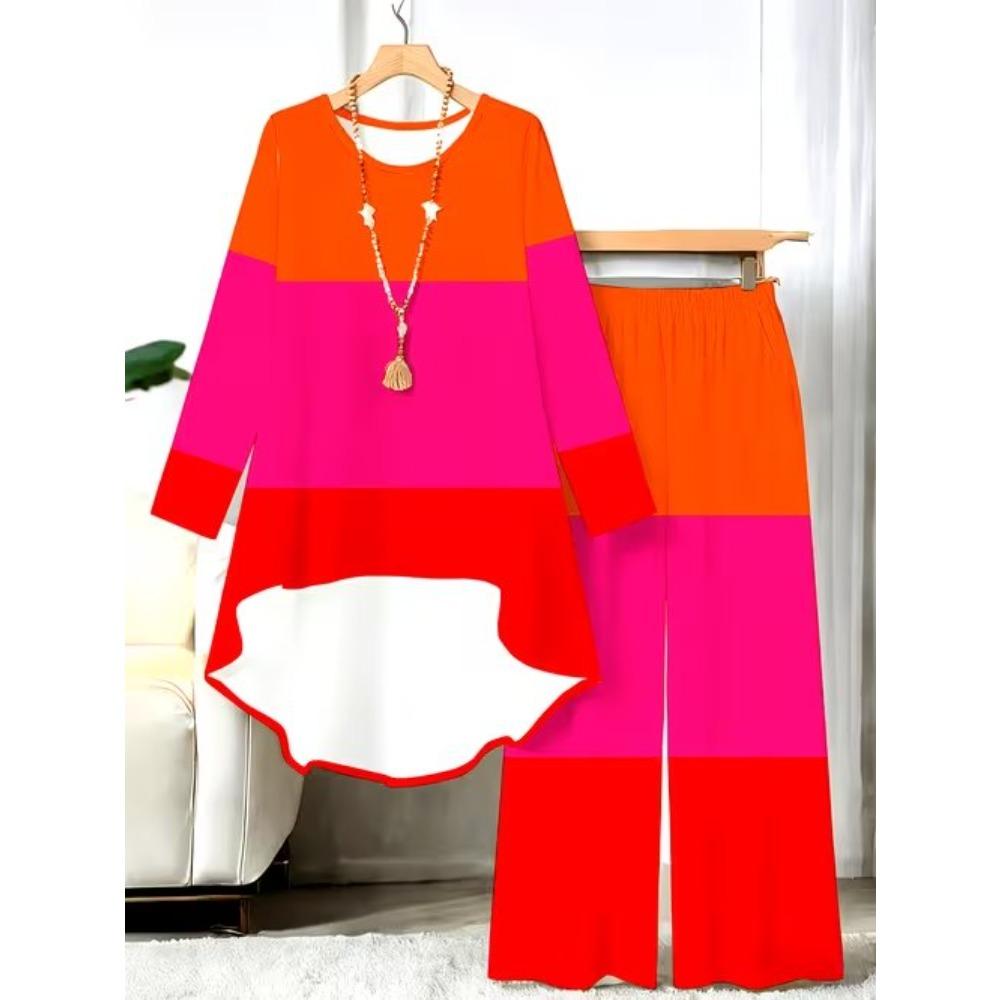 Geometric Pattern Print Two Piece Outfit Women Long Sleeve Irregular Hem Tunic Top Wide Leg Pants Casual Matching Set