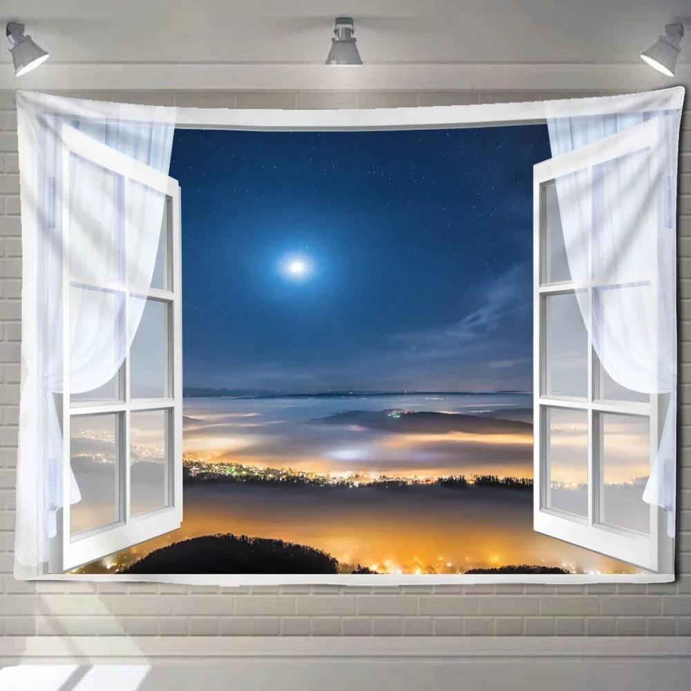 Home decoration natural ecological beach scenery imitation window paper art tapestry background wall room beautiful living room