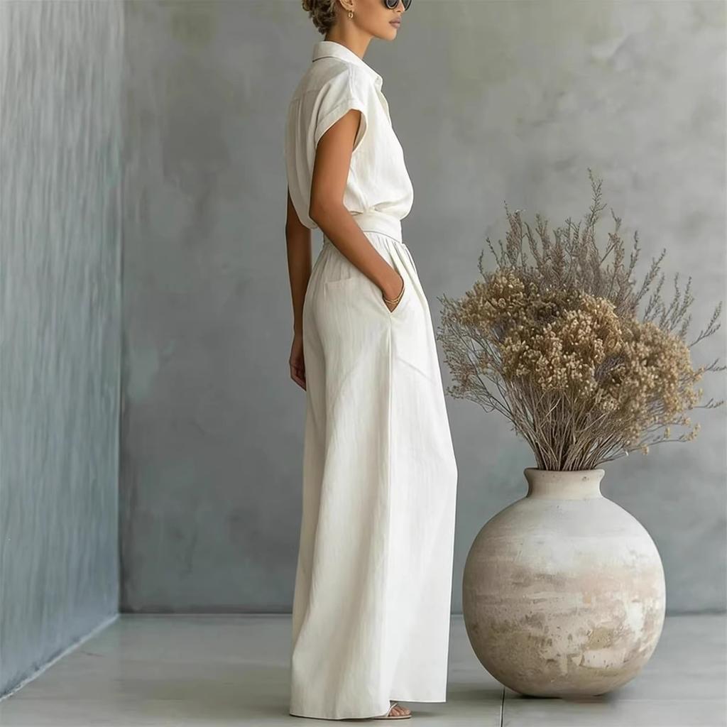 Women's Collared Short Sleeve Top Wide Leg Pants Set Loose Fit Casual Two Piece Outfit