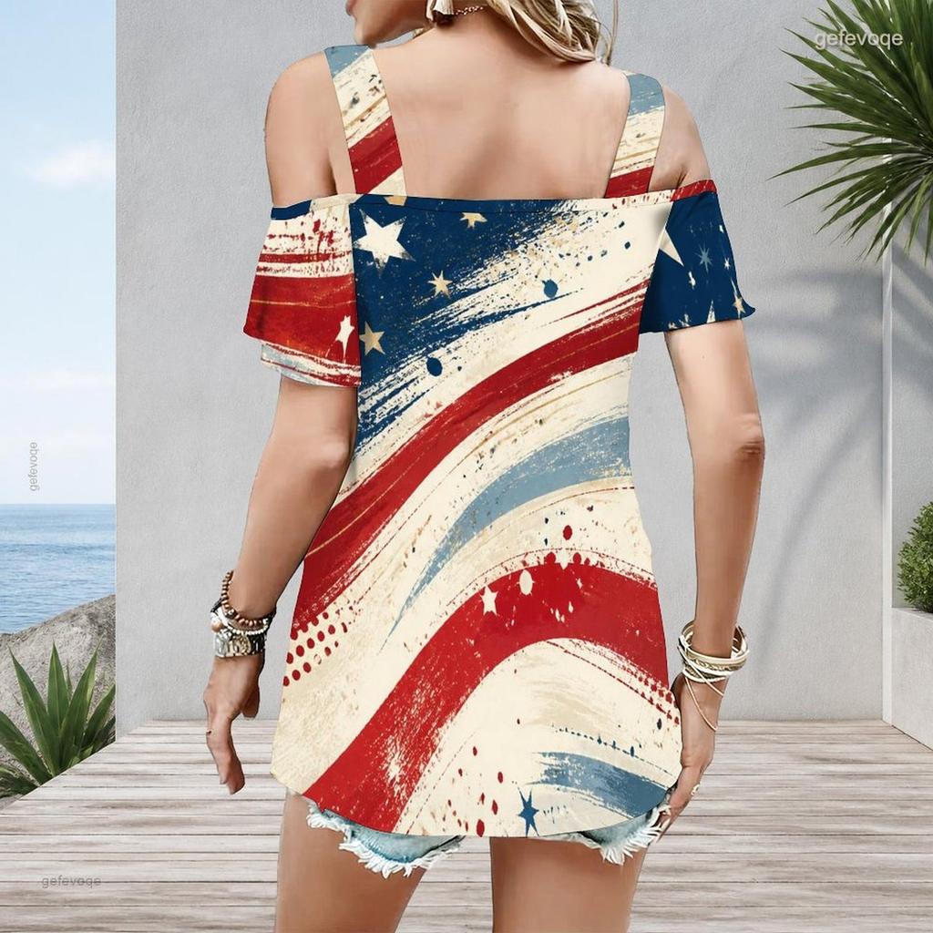 Plus Size Women Cold Shoulder Flutter Sleeve T Shirt Vintage Usa Star Stripe Brush Print Short Sleeve Top