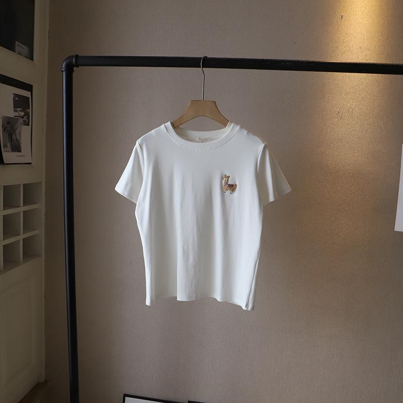 

[Bi Zheng] 2025 Korean Style Cartoon Embroidery Crew Neck Age-Reducing Women s T-Shirt One Size