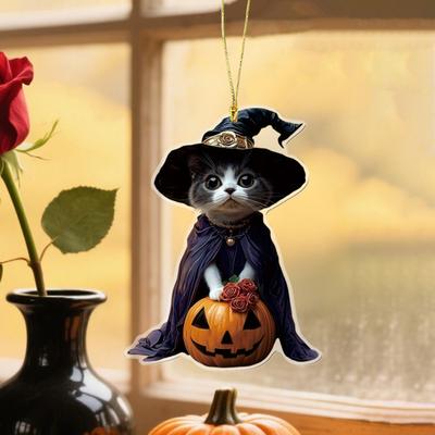 Car Mirror Hanging Decoration Cartoon Witch Cat/Kids 2D Flat Acrylic Pendant Halloween Car Rearview Mirror Ornament for Window Wall Auto Interior