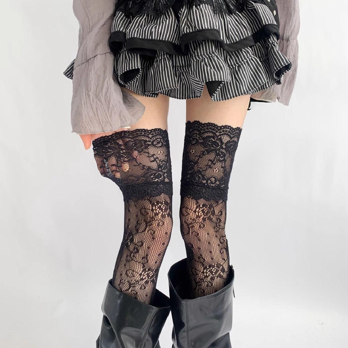 

Black/White Sexy Lace Trim Fishnet Stockings Hollow Ultra-Thin Japanese Series Knee Socks Floral Sweet Mesh Breathable Thighs