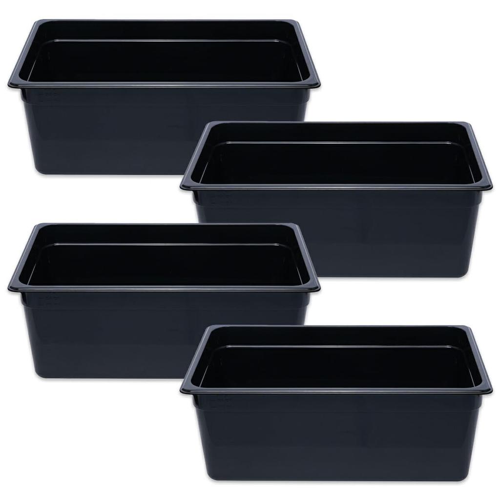 Thunder Group Food Pan Depth 200mm Set of 4 Dishwasher Safe Durable Polycarbonate Commercial Black 1/1 PLPA8008BK-4S